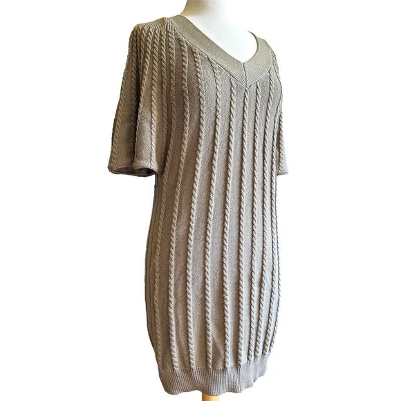 Calvin Klein Tan Cable Knit‎ V Neck Dress Flouncy Sleeves Sz P/S Sweater Dress - Picture 2 of 6